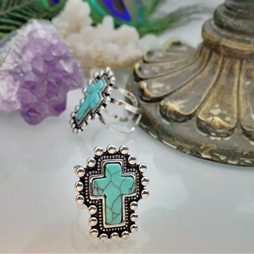 Turquoise and Silver Cross Ring - Picture 2 of 5